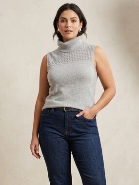 Doncaster Collection 100% Cashmere Sleeveless Turtleneck Sweater Gray Size L